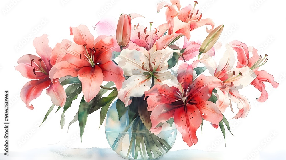 Watercolor Painting of a Bouquet of Pink and White Lilies in a Glass Vase on a White Background - Floral Art, Nature Photography, Still Life Watercolor Painting of a Bouquet of Pink and White Lilies in a Glass Vase on a White Background - Floral Art, Nature Photography, Still Life