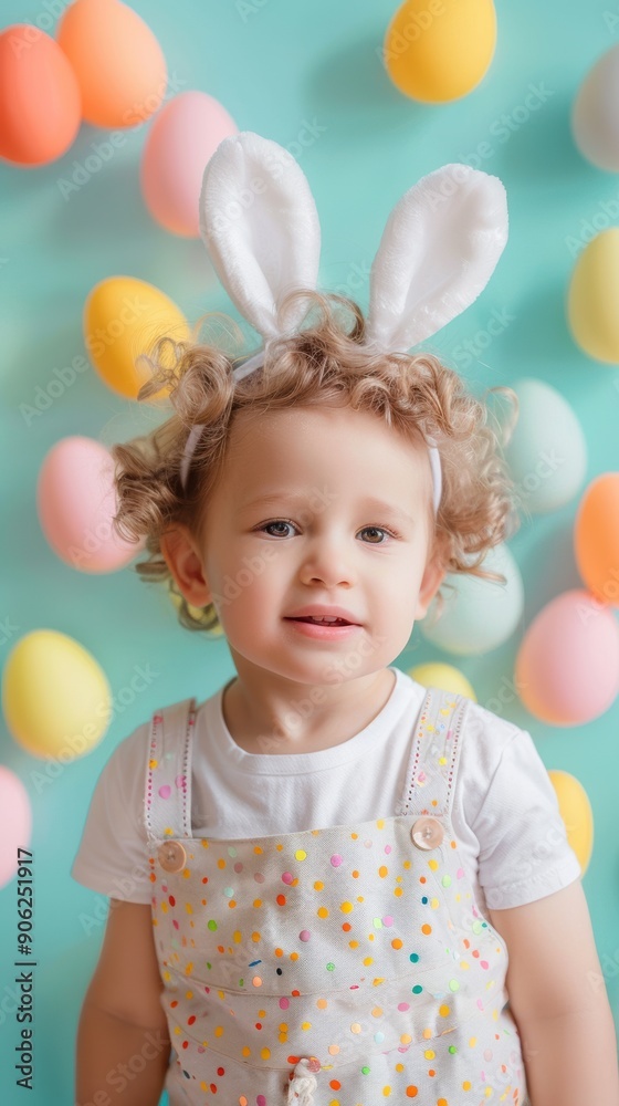 A cheerful child wearing bunny ears poses among pastel-colored Easter eggs against a bright background A cheerful child wearing bunny ears poses among pastel-colored Easter eggs against a bright background