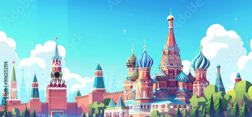 Cartoon illustration of famous world landmarks with a Russian theme, depicting cultural icons in a playful style.