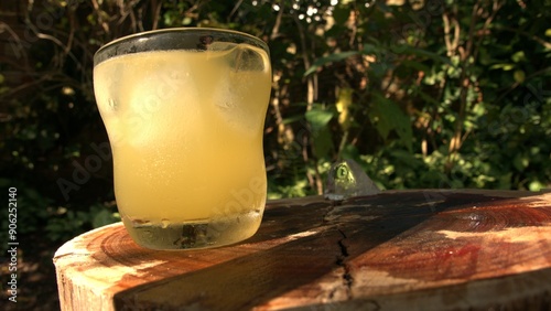 A fresh beverage.  A fruit juice glass on the table. Pineapple juice with mint and ice cubes. A juice jar on a garden table, under random sunbeams. A cold fruit cocktail cup outdoors. A mint juice