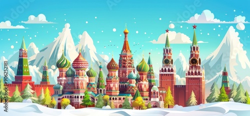 Illustration of iconic global landmarks in a cartoon style, highlighting Russian cultural themes and symbols.