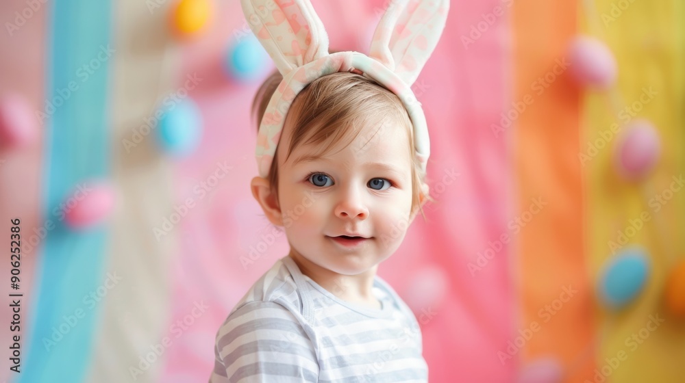 A cheerful toddler in bunny ears smiles brightly in a vibrant spring-themed indoor space A cheerful toddler in bunny ears smiles brightly in a vibrant spring-themed indoor space