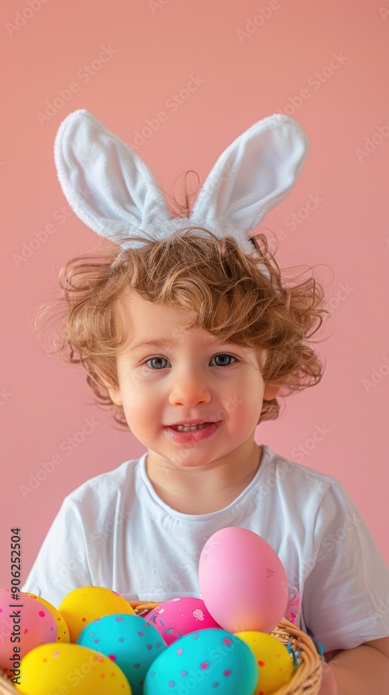 A joyful child wearing bunny ears poses happily with a basket of colorful Easter eggs A joyful child wearing bunny ears poses happily with a basket of colorful Easter eggs