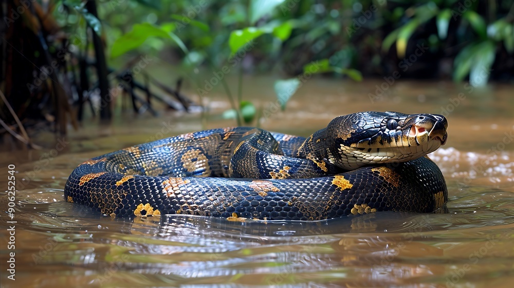 Obraz premium Anaconda swimming gracefully through tropical waters, surrounded by lush greenery, showcasing nature's beauty and biodiversity.