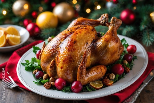 Baked turkey or chicken. The Christmas table is served with a turkey, decorated with fruits, salad and nuts. Fried chicken, table. Christmas dinner