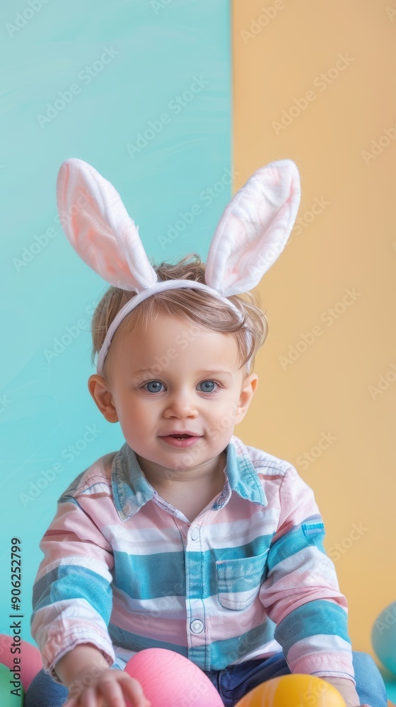 A young child wearing bunny ears interacts with vibrant Easter eggs in a playful atmosphere A young child wearing bunny ears interacts with vibrant Easter eggs in a playful atmosphere