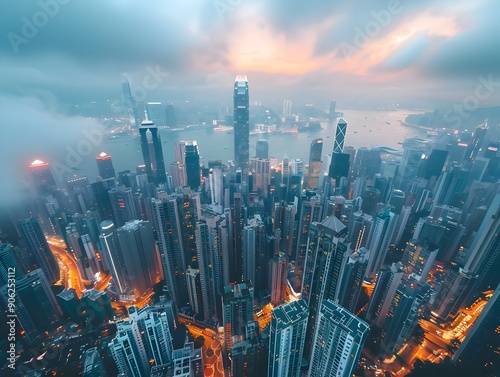 Cityscape of Densely Packed Skyscrapers at Dusk with Glowing Lights