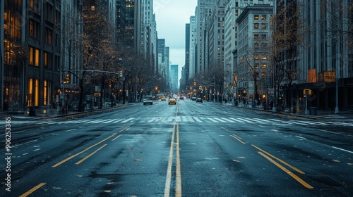 The city street scene without people or vehicles reflects the stillness in the quiet urban landscape. Very suitable for showcasing themes such as isolation and loneliness in open metropolitan areas