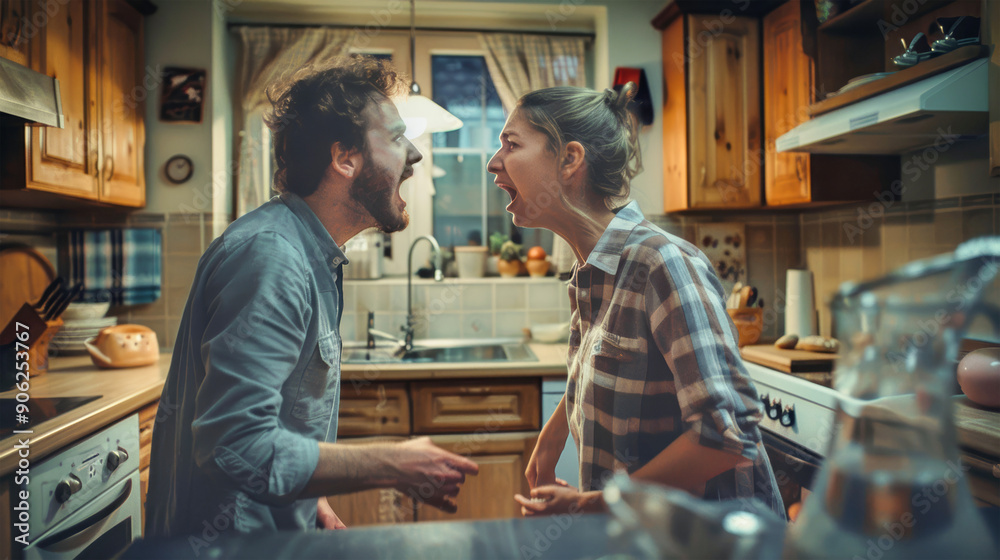 A couple engages in a heated argument in their kitchen, emotions running high as they confront each other face to face in a moment of intense conflict