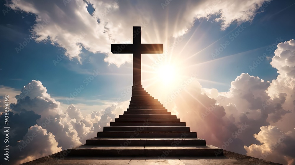 Staircase leading to heaven with silhouette of the Christian cross with clouds on the sky and sunlight in the background. Faith religion stairway to paradise, Jesus Christ path to life concept Staircase leading to heaven with silhouette of the Christian cross with clouds on the sky and sunlight in the background. Faith religion stairway to paradise, Jesus Christ path to life concept