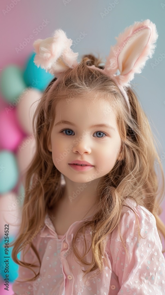 A young girl adorned with bunny ears smiles joyfully in a vibrant setting filled with balloons A young girl adorned with bunny ears smiles joyfully in a vibrant setting filled with balloons