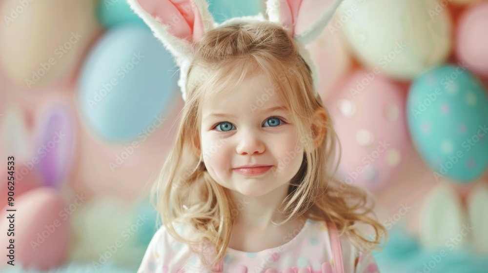 A cheerful girl in bunny ears smiles brightly surrounded by pastel Easter decorations A cheerful girl in bunny ears smiles brightly surrounded by pastel Easter decorations