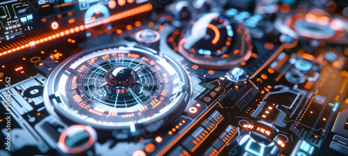 Wallpaper Mural A close-up view of intricate digital mechanisms with glowing holographic displays and data streams Torontodigital.ca