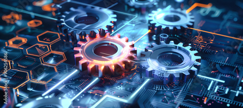 Interlocking gears spin and glow on a dark blue background with glowing hexagons and circuit lines, representing digital progress and interconnectedness