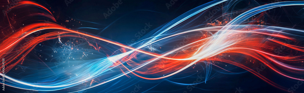 Naklejka premium Fondo digital abstracto con rayos de luz brillantes y líneas curvas en colores azul, rojo y blanco. Concepto de transferencia de datos digitales al estilo del arte digital.