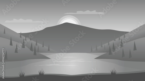 Grey Mountain and Lake Scenery Vector Monochrome Wallpaper