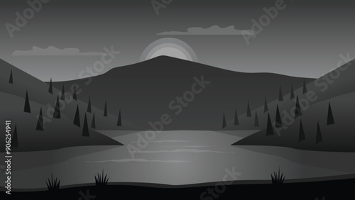 Black and Dark Mountain and Lake Scenery Vector Elegant Wallpaper