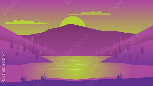 Retro Pink and Yellow-Green Mountain and Lake Scenery Vector Vintage Wallpaper