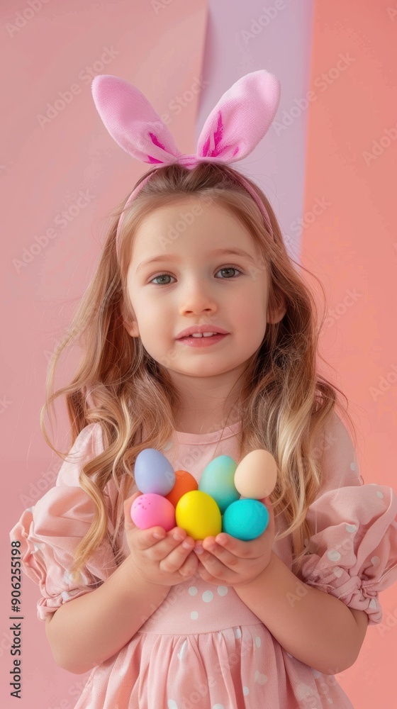 A joyful child holds a collection of pastel Easter eggs, wearing bunny ears in a cheerful setting A joyful child holds a collection of pastel Easter eggs, wearing bunny ears in a cheerful setting