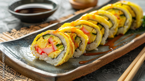 Delight in the vibrant colors of Futo maki sushi rolls filled with egg omelet, crab stick, cucumber, and pickled vegetables, sliced into perfect rounds and arranged on a traditional sushi plate photo