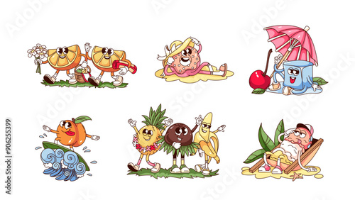 Groovy cartoon beach party characters and stickers set. Funny retro summer food sunbathing on sea beach, cartoon fruit surfing. Holidays and vacation mascots of 70s 80s style vector illustration