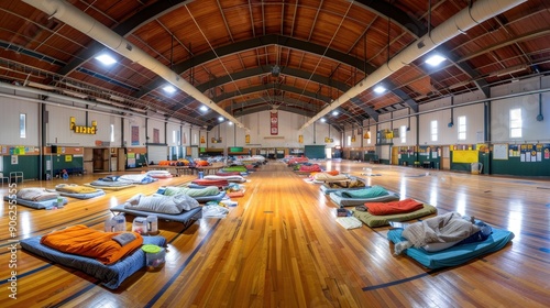 Emergency Shelter Setup in School Gymnasium: Providing Comfort and Support for Evacuees photo