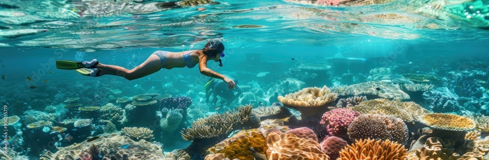 Fototapeta premium Dynamic marine life with vibrant coral gardens beneath crystal-clear turquoise waters.