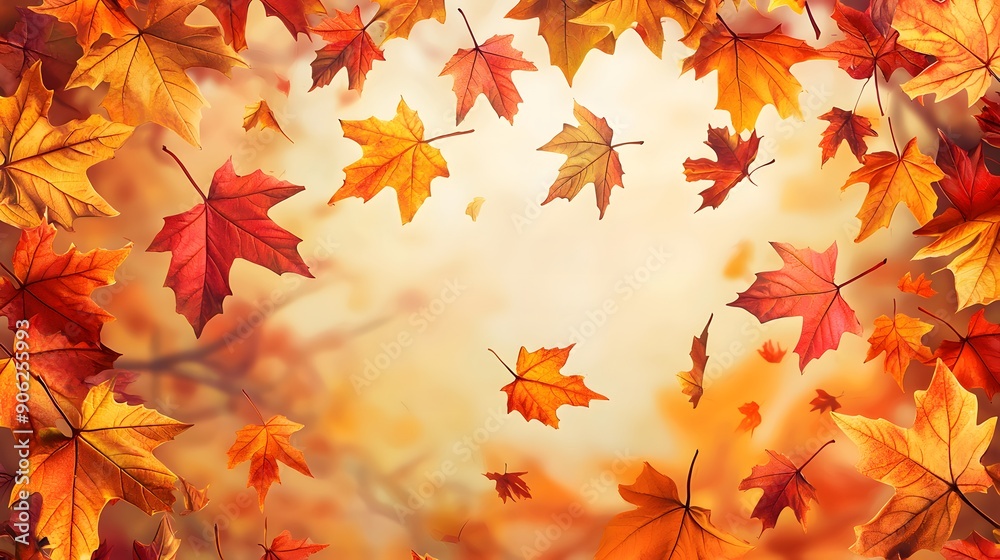 Fototapeta premium Beautiful orange and golden autumn leaves against a blurry park in sunlight with beautiful bokeh. Natural autumn background