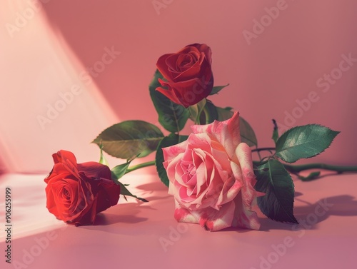 Valentine s day pink and red rose concept on table, perfect for valentines, spring, or mothers day photo