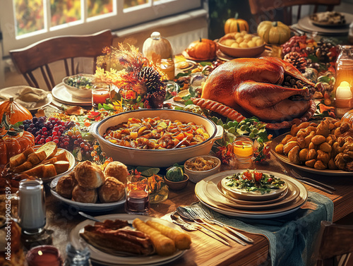 Cozy family gathering for Thanksgiving, traditional dishes on a large table, warm ambiance, capturing the essence of togetherness and celebrationHighly detailed , 8K