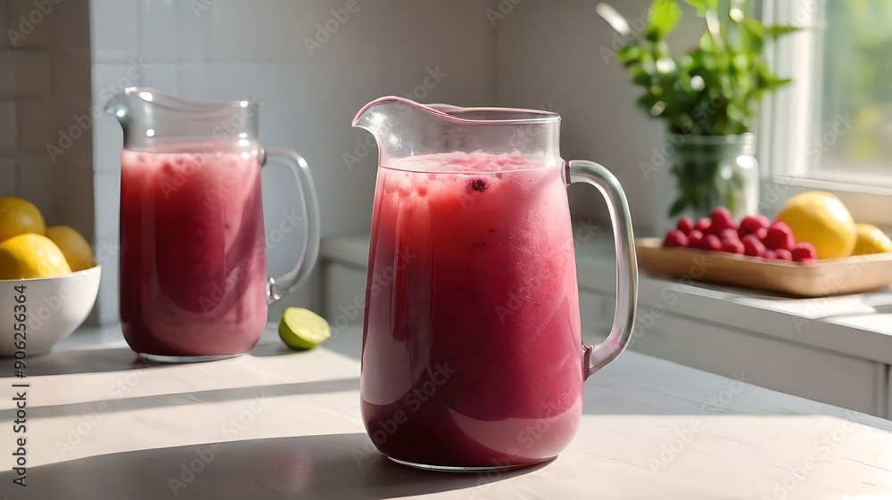 Frozen berry lemonade in glass pitcher on kitchen table with sunlight. Frozen berry lemonade in glass pitcher on kitchen table with sunlight.