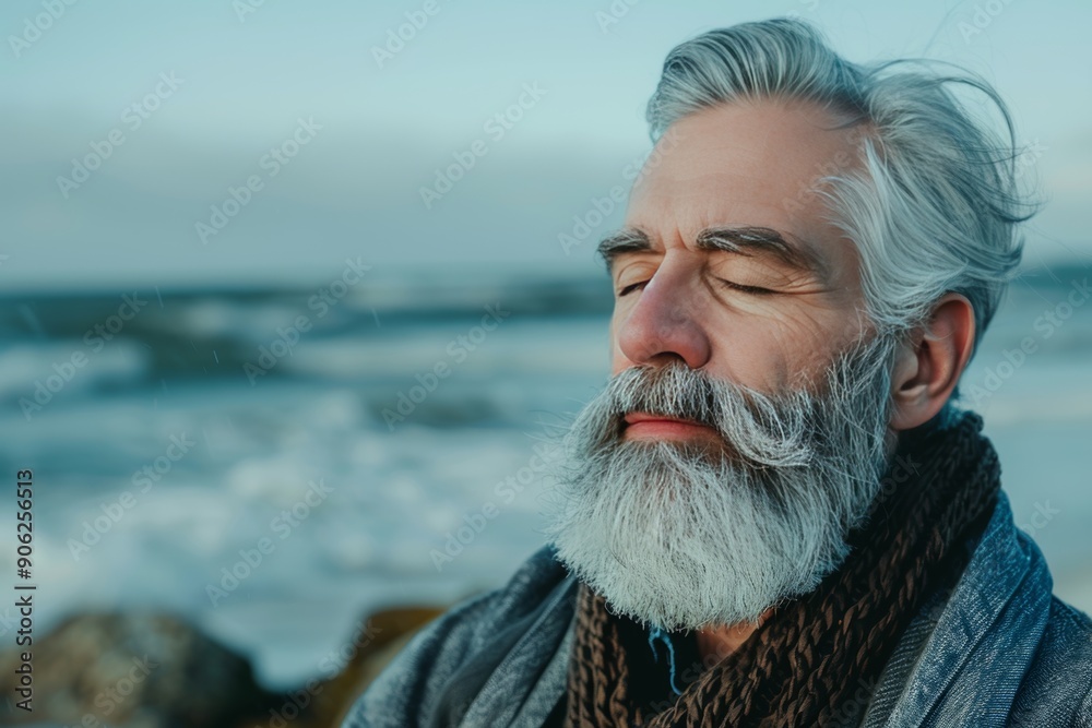 Serene meditation close up portrait of mature man with gray hair and beard meditating by the ocean Serene meditation close up portrait of mature man with gray hair and beard meditating by the ocean