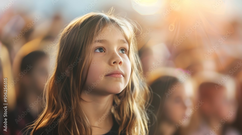 Obraz premium A young girl watches intently during a performance at a community gathering as the sun sets