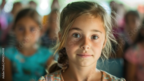A girl looks directly at the camera, smiling while friends gather in a lively summer camp environment