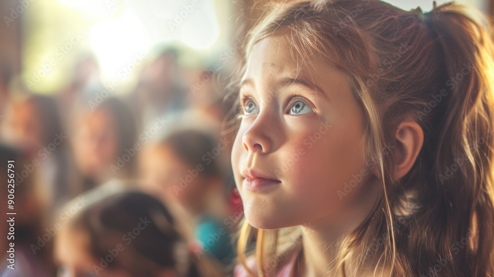 Obraz premium A captivated young girl watches intently during an engaging show in a warm atmosphere
