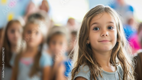 A young girl with long hair smiles while surrounded by classmates in a lively classroom environment