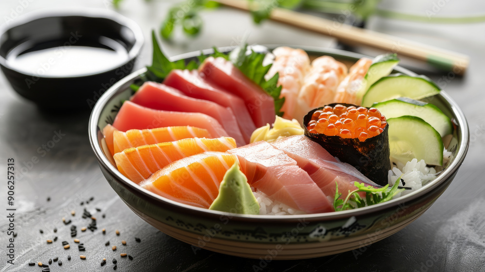 Discover the harmony of flavors in a Chirashi sushi bowl, featuring an ...