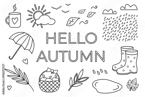 Autumn doodle set. Hand drawn vector illustration of rubber boots, cup with hot tea, puddle, rain, plants, clouds. Line sketch drawing of umbrella and wicker basket. Hello Autumn text.