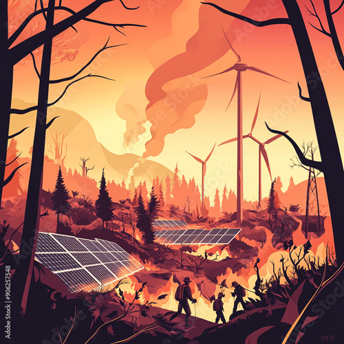 Impact of climate change, wildfire-ravaged forest, volunteers replanting trees, solar panels and wind turbines in the distance, combating climate changeVector illustrations photo