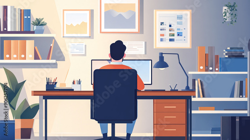 Home office with a professional on a video conference, showcasing work-life balance, modern remote work trends, sleek and organized spaceHighly detailed , 8K