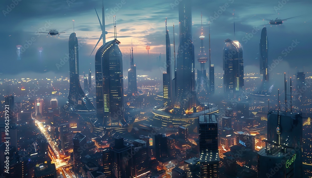 Obraz premium Futuristic City at Dusk with Smart LED Lights and Electric Vehicles