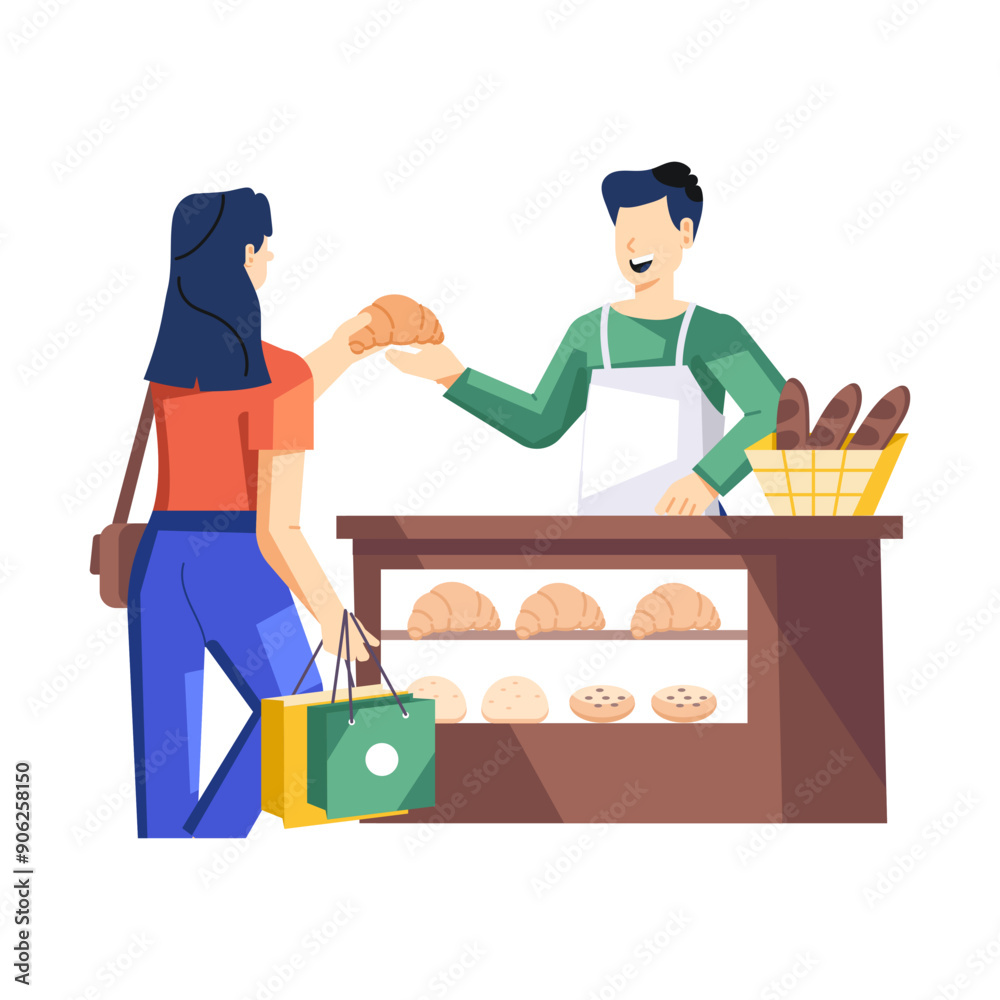 A flat character illustration of woman buying bread
A flat character illustration of woman buying bread