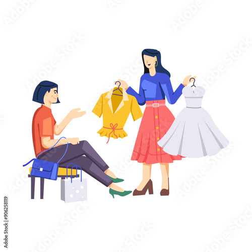 A flat style illustration of dress shopping 

