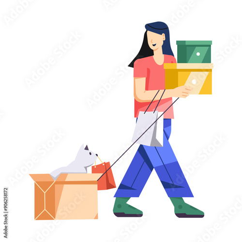 A flat style character illustration of shopping girl with dog 

