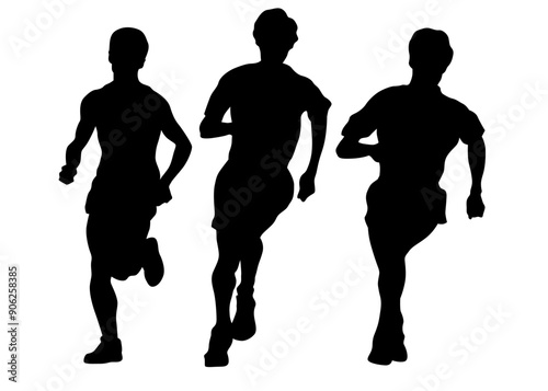 Young athletes run a marathon. Isolated silhouettes on white background