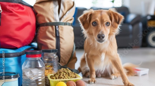 Emergency Pet Evacuation Kit Close-up with Food, Water, Carrier - Preparedness Concept