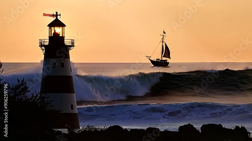 Wallpaper Mural Captivating Sunset Over the Ocean With Lighthouse and Sailing Ship Near Rocky Shoreline Torontodigital.ca