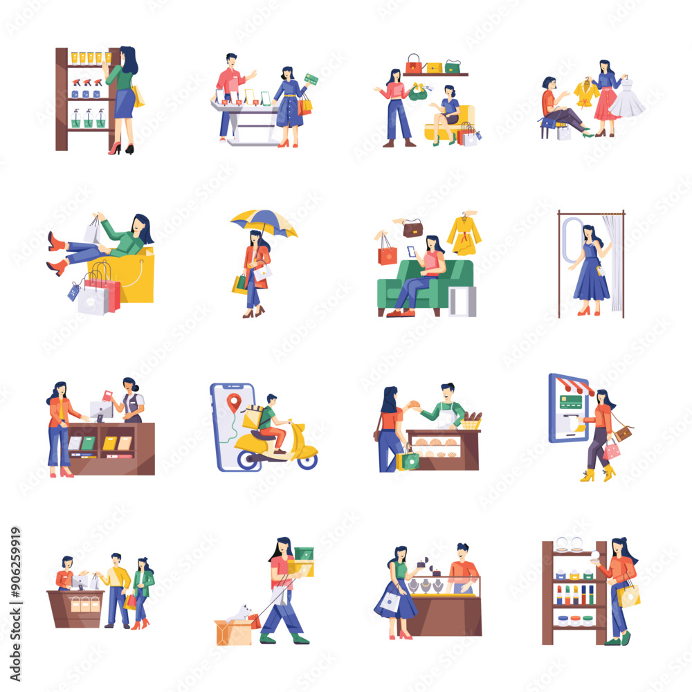 Basic RGPack of 16 Shopping Flat Illustrations 

B