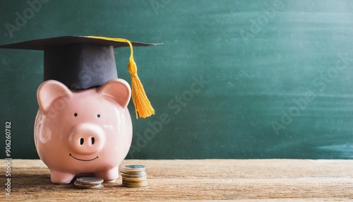 Piggybank with Graduation Hat - Visualization of Student Debt and Loan - Poor Classes unable to afford Education - Rising Debt among Younger Generations photo