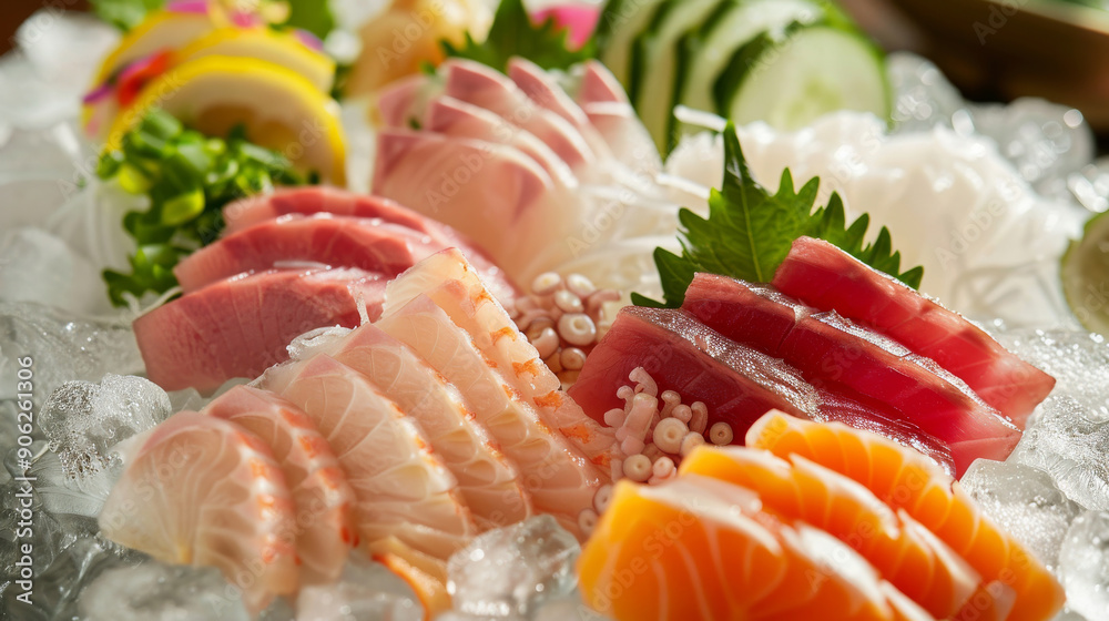 Assorted slices of fresh sashimi tantalize on a bed of glistening ice, showcasing a vibrant selection of tuna, salmon, yellowtail, and octopus Assorted slices of fresh sashimi tantalize on a bed of glistening ice, showcasing a vibrant selection of tuna, salmon, yellowtail, and octopus